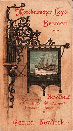 Front Cover, Cabin Passenger List from the SS Kaiser Wilhelm II of the North German Lloyd, Departing Thursday, 30 April 1896, from Genoa to New York.