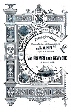 Front Cover, Steerage Passenger List for the SS Lahn of the North German Lloyd, Departing Tuesday, 28 August 1894 from Bremen to New York.