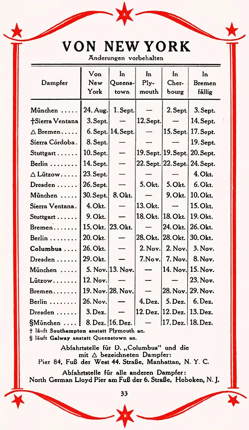 Eastbound Sailing Schedule, New York-Queenstown-Plymouth-Cherbourg-Bremen, from 24 August 1927 to 18 December 1927.