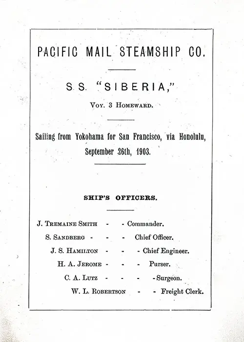 Constructed Title Page, SS Siberia Cabin Passenger List, 26 September 1903.