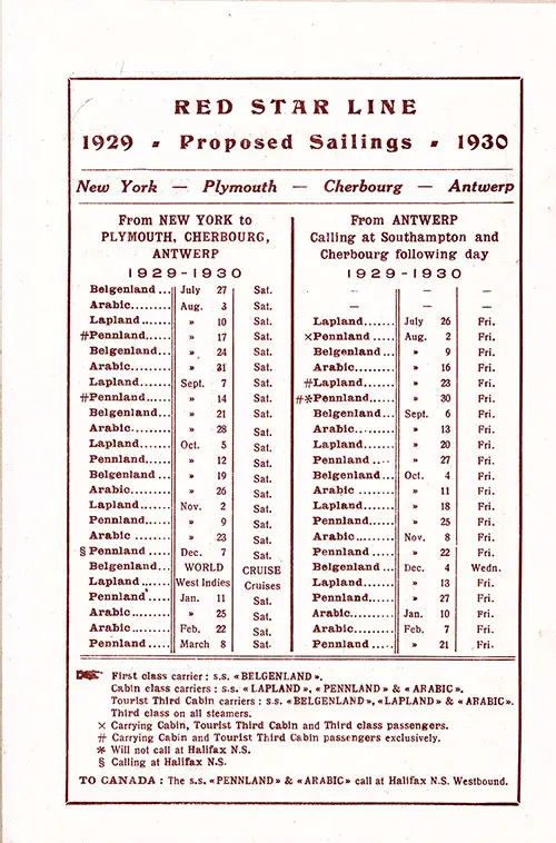 Sailing Schedule, New York-Plymouth-Cherbourg-Antwerp, from 27 July 1929 to 8 March 1930.