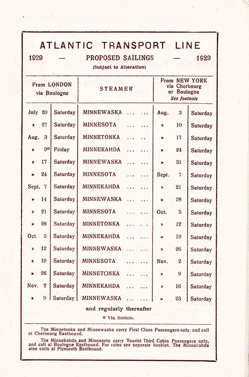 Atlantic Transport Line Sailing Schedule, London-New York, from 20 July 1929 to 23 November 1929.