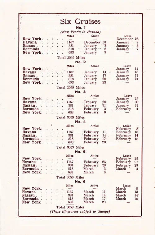 Itinerary of Six 1929/1930 Cruises to the West Indies on the Red Star Line SS Lapland.