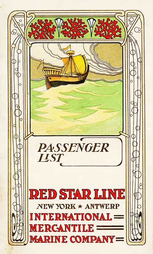 Front Cover of a First and Second Class Passenger List from the SS Vaderland of the Red Star Line, Departing 4 June 1904 from New York to Antwerp.