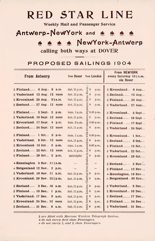 Proposed Sailings Antwerp-Dover-New York from 6 August 1904 to 31 December 1904.