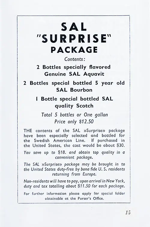 SAL (Swedish American Line) "Surprise" Package, 1953. MS Gripsholm Passenger List, 22 October 1953.