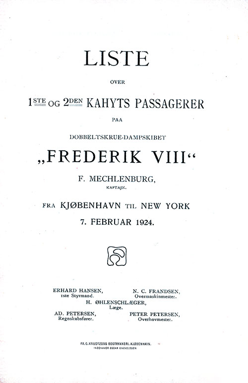 Title Page Including Senior Officers, SS Frederik VIII Cabin Passenger List, 7 February 1924.
