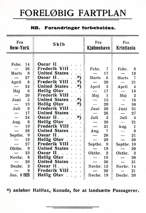 Sailing Schedule, New York-Kristiania (Oslo)-Kjøbenhavn (Copenhagen), from 7 February 1924 to 8 January 1925.