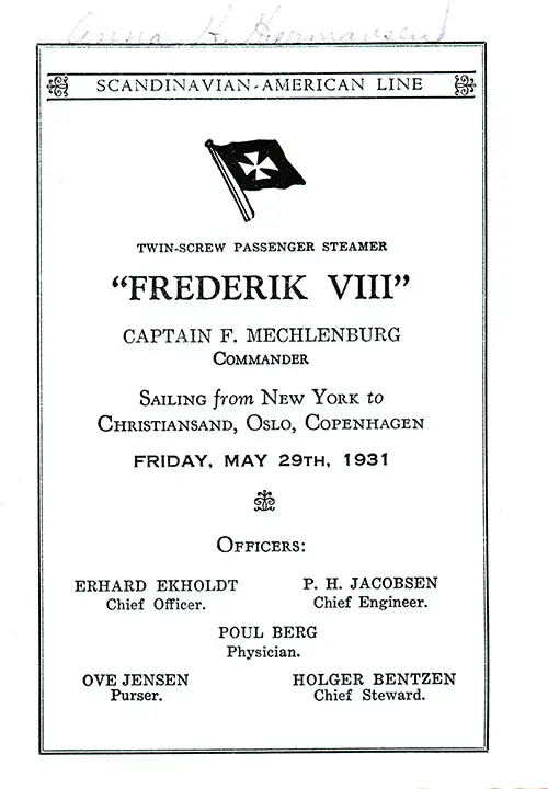 Title Page Including Senior Officers, SS Frederik VIII Cabin and Tourist Third Cabin Passenger List, 29 May 1931.