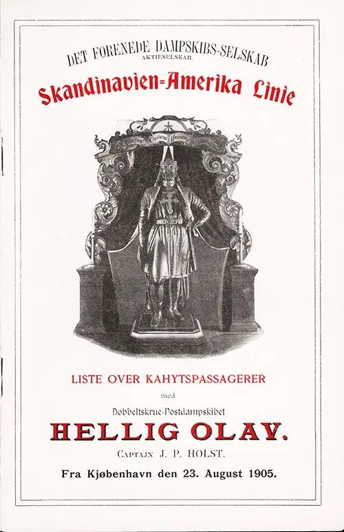 Front Cover, Scandinavian-American Line SS Hellig Olav Cabin Class Passenger List - 23 August 1905.