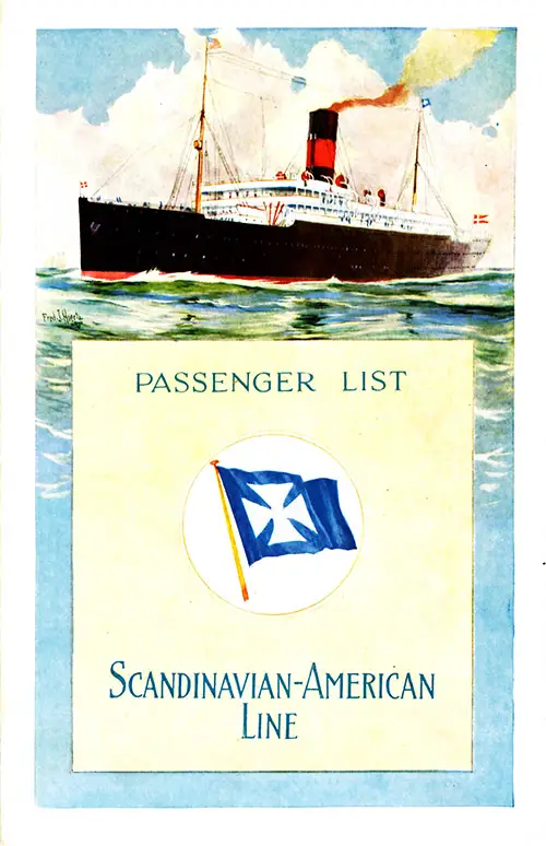 Front Cover of a Cabin Passenger List from the SS Hellig Olav of the Scandinavian-American Line, Departing 29 March 1923 from New York to Copenhagen via Kristiansand and Oslo.