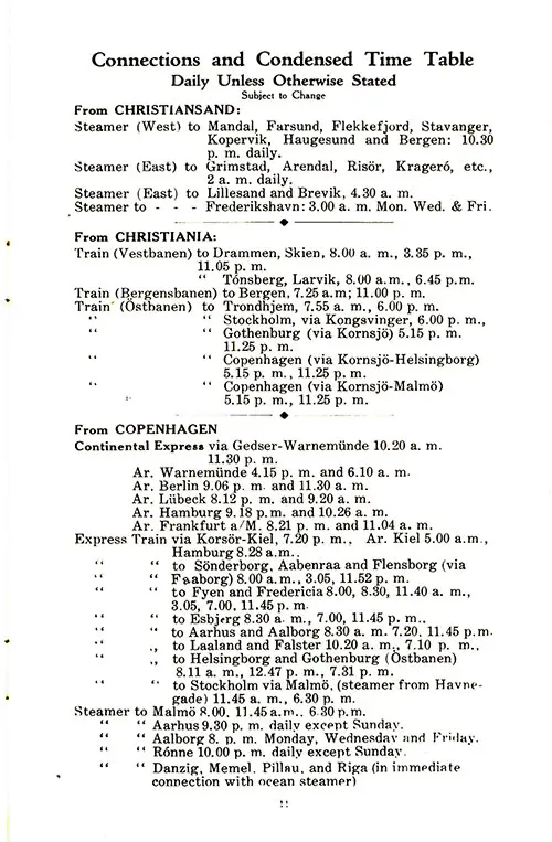 Connections and Condensed Time Table, SS Hellig Olav Cabin Passenger List. 29 March 1923.