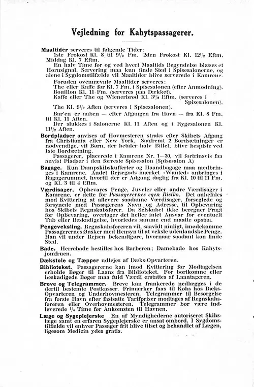 Information for Passengers in Danish, SS Hellig Olav Cabin Passenger List, 1923-05-31.