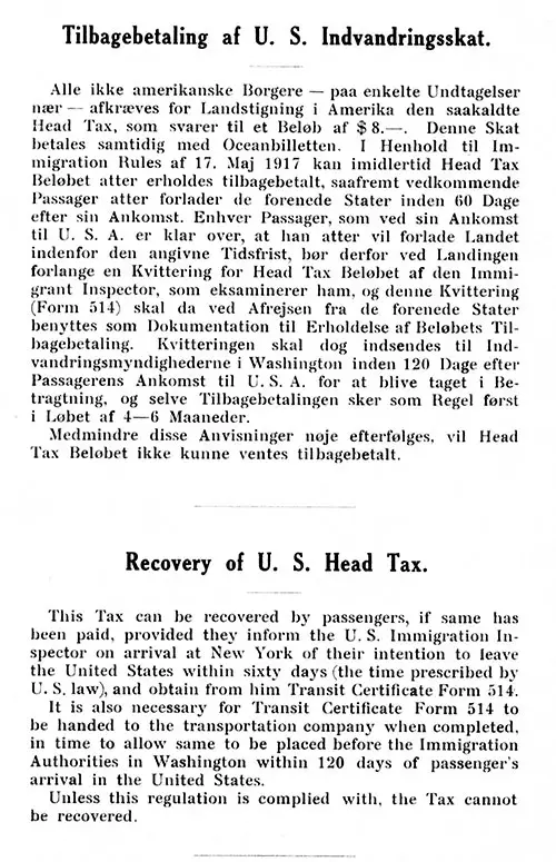 Recovery of US Head Tax (in Danish and English), SS Hellig Olav Cabin Passenger List, 1923-05-31.