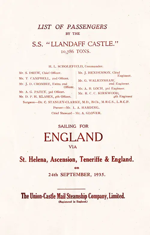Title Page, SS Llandaff Castle First and Tourist Class Passenger List, 24 September 1935.