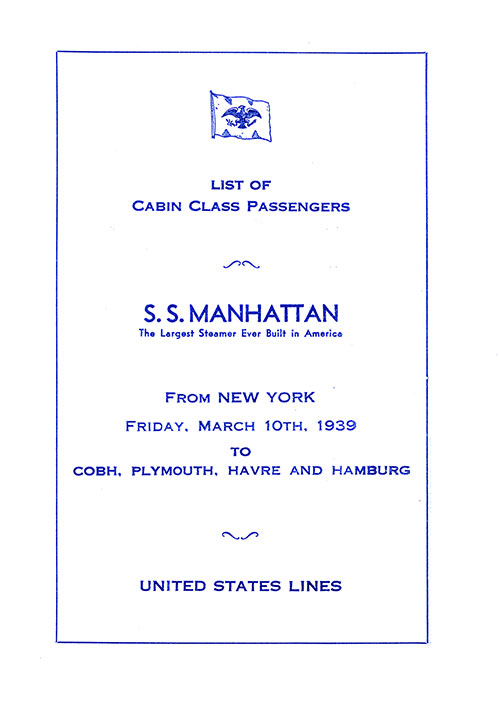 Title Page, SS Manhattan Cabin Passenger List, 10 March 1939.