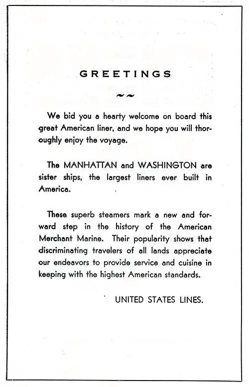 Greetings to Passengers, SS Manhattan Cabin Passenger List, 10 March 1939.