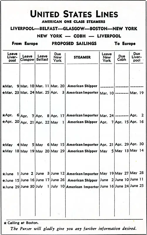 Sailing Schedule, Liverpool-Belfast-Glasgow-Boston-New York and New York-Cobh-Liverpool, from 9 March 1939 to 10 July 1939.
