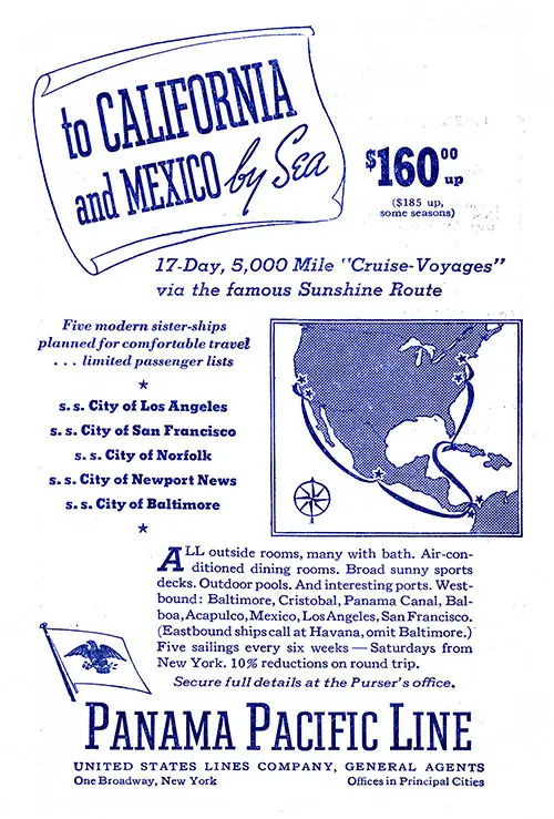 Advertisement: Panama Pacific Line. SS Manhattan Cabin Passenger List, 10 March 1939.