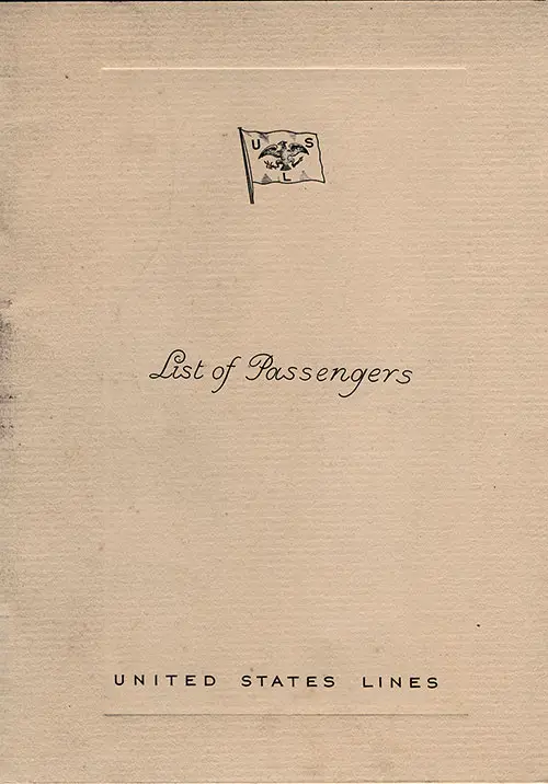 Front Cover of a First Class Passenger List from the SS Manhattan of the United States Lines, Departing Friday, 12 July 1940 from Lisbon to New York.