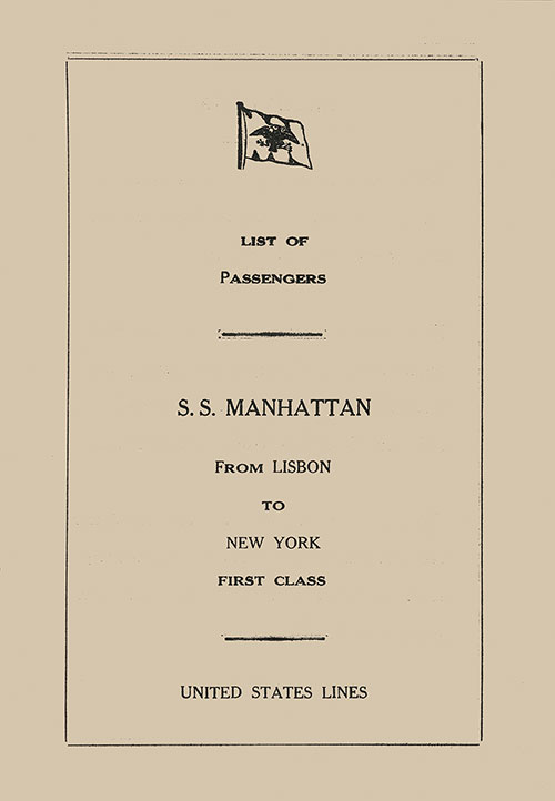 Title Page, SS Manhattan First Class Passenger List, 12 July 1940.