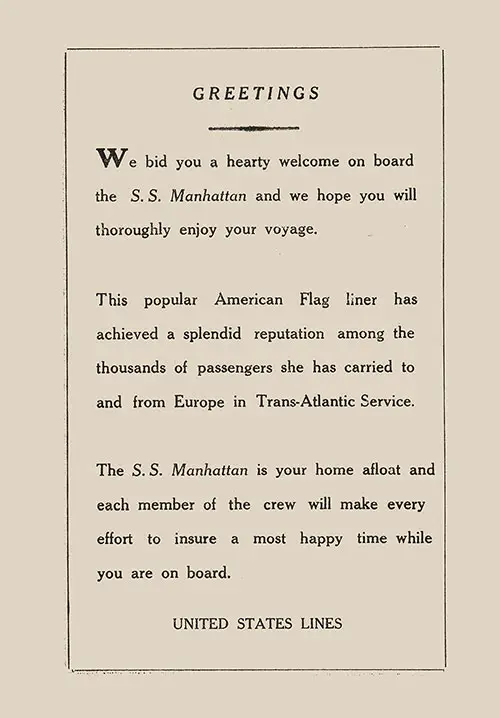 Greetings, United States Lines SS Manhattan First Class Passenger List - 12 July 1940.