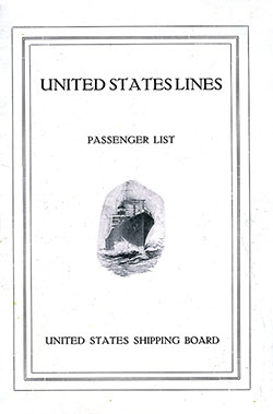 Front Cover, SS President Harding First Cabin Passenger List of the United States Lines, Departing 4 October 1922 from Bremen to New York via Southampton and Cherbourg.