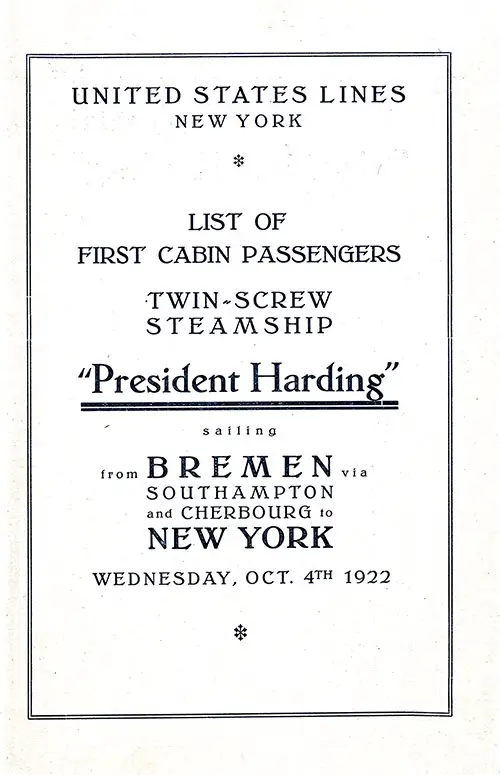 Title Page, SS President Harding First Cabin Passenger List, 4 October 1922.