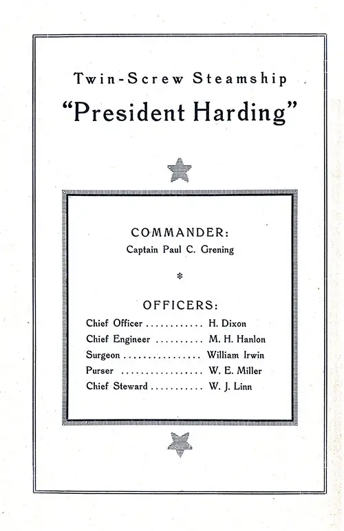List of Senior Officers, SS President Harding First Cabin Passenger List, 4 October 1922.