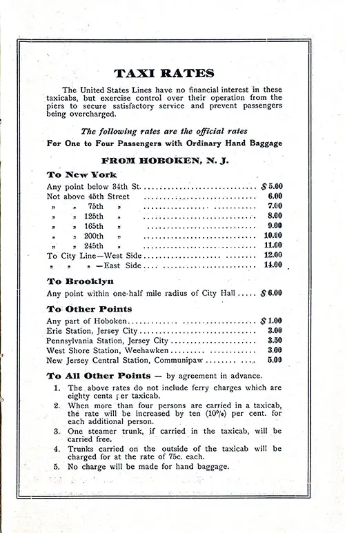 New York Taxi Rates, SS President Harding First Cabin Passenger List, 4 October 1922.