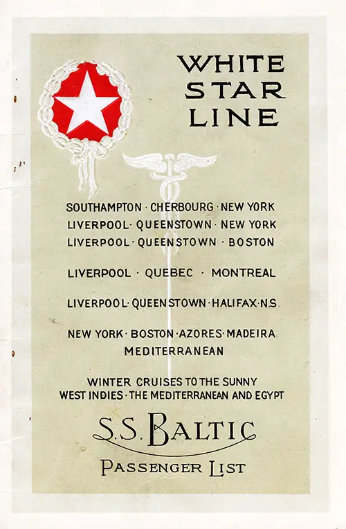 Front Cover of a Cabin Class Passenger List from the RMS Baltic of the White Star Line, Departing 3 March 1928 from Liverpool to New York via Queenstown (Cobh).