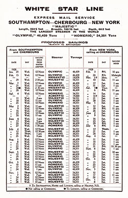 Sailing Schedule, Southampton-Cherbourg-New York, from 25 January 1928 to 8 December 1928.