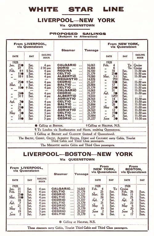 Sailing Schedule, Liverpool-Queenstown (Cobh)-New York and Liverpool-Queenstown (Cobh)-Boston-New York, from 21 January 1928 to 17 June 1928.