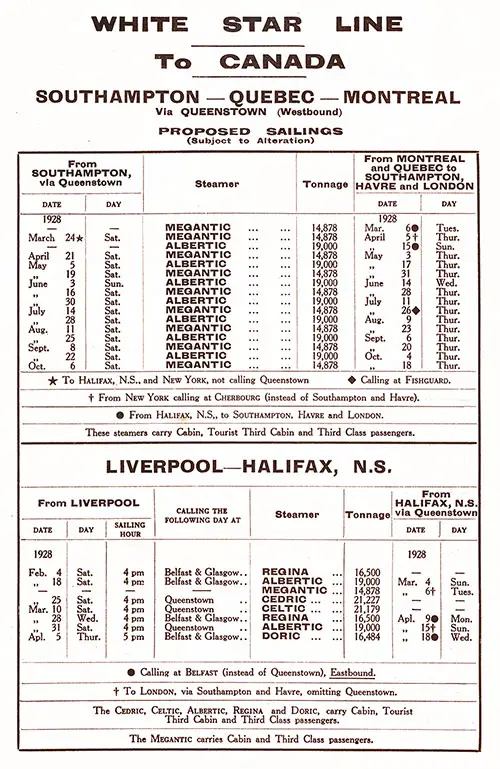 Sailing Schedule, Southampton-Queenstown (Cobh)-Quebec-Montreal and Liverpool-Halifax, from 4 February 1928 to 18 October 1928.