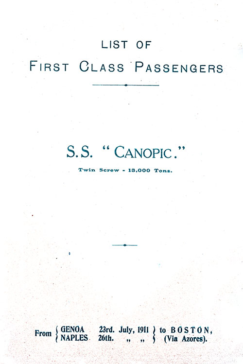 Title Page, SS Canopic First Class Passenger List, 23 July 1911.