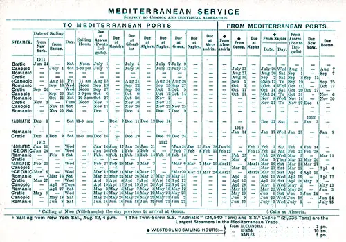 Sailing Schedule, Mediterranean Service, from 24 June 1911 to 15 July 1912.