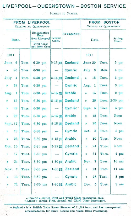 Sailing Schedule, Liverpool-Queenstown (Cobh)-Boston, from 6 June 1911 to 5 December 1911.