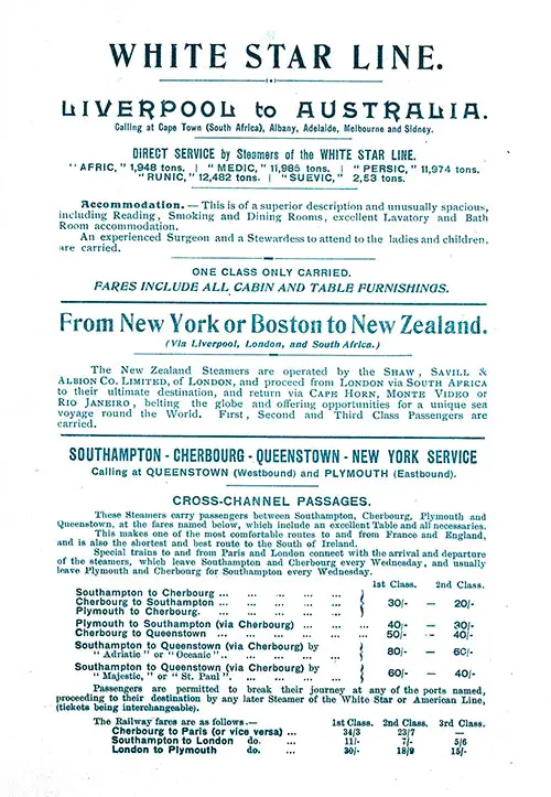 White Star Line Services, Cross Channel Passages and Rates, 1911.