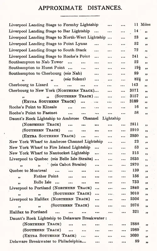 Approximate Distances, Transatlantic Voyages, 1923.