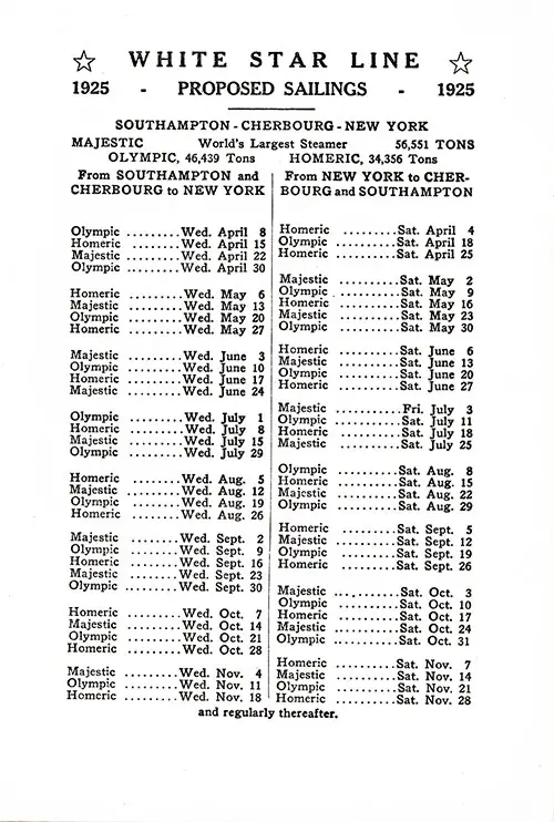 WSL Sailing Schedule, Southampton-Cherbourg-New York and New York-Cherbourg-Southampton, from 4 April 1925 to 28 November 1925.