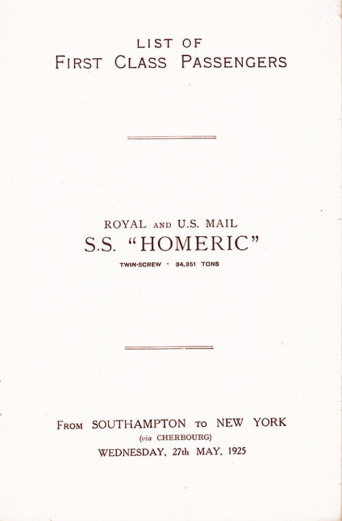 Title Page, RMS Homeric First Class Passenger List, 27 May 1925.