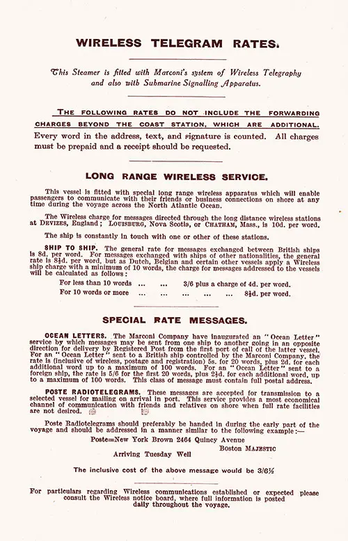 White Star Line Wireless Telegram Rates, Long-Range Wireless Service, and Special Rate Messages, 1925.