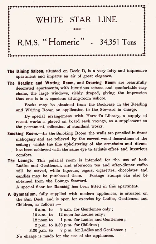 Guide to Public Rooms, Part 1 of 2, on the White Star Line SS Homeric, 1925.