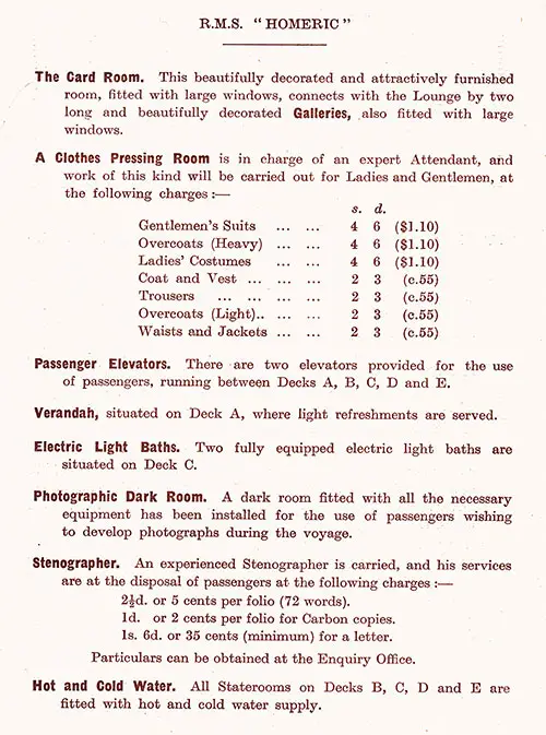 Guide to Public Rooms, Part 2 of 2, on the White Star Line SS Homeric, 1925.