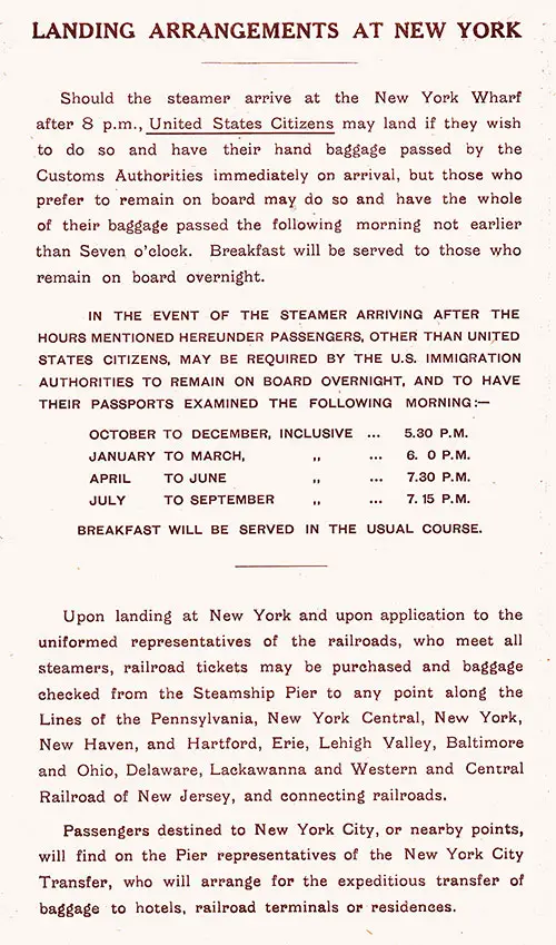 Landing Arrangements in New York, 1925.