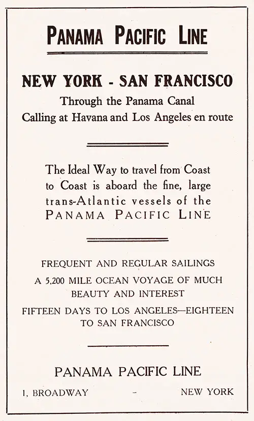 1925 Advertisement: Panama Pacific Line, New York-San Francisco Through the Panama Canal, Calling at Havana and Los Angeles.
