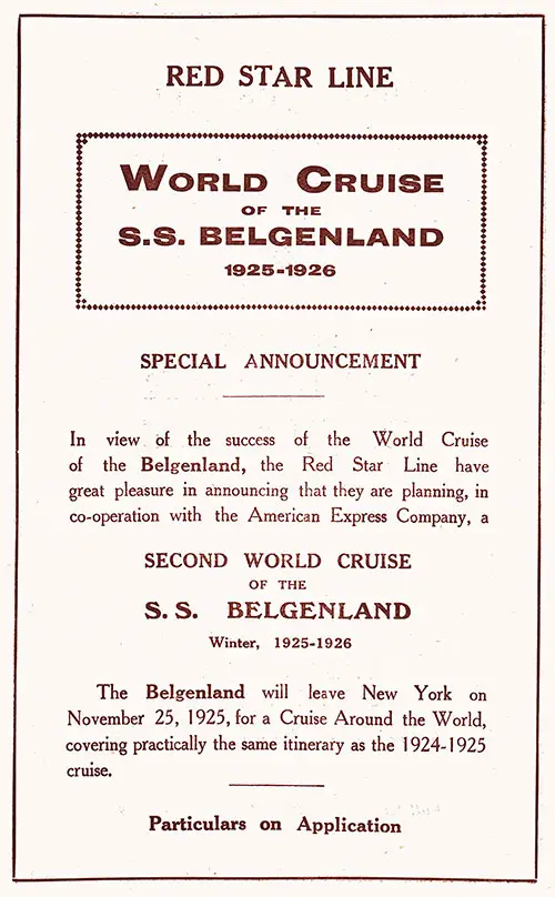 Advertisement: Red Star Line World Cruise of the SS Belgenland, 1925-1926.