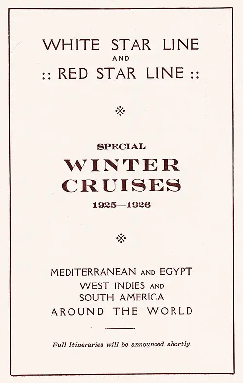 Advertisement: Special Winter Cruises 1925-1926, White Star Line and Red Star Line.