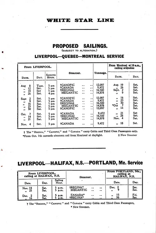 White Star Line Proposed Sailings, Liverpool-Québec-Montréal Service; and Liverpool-Halifax-Portland, ME Service, from 8 August 1922 to 30 December 1922.