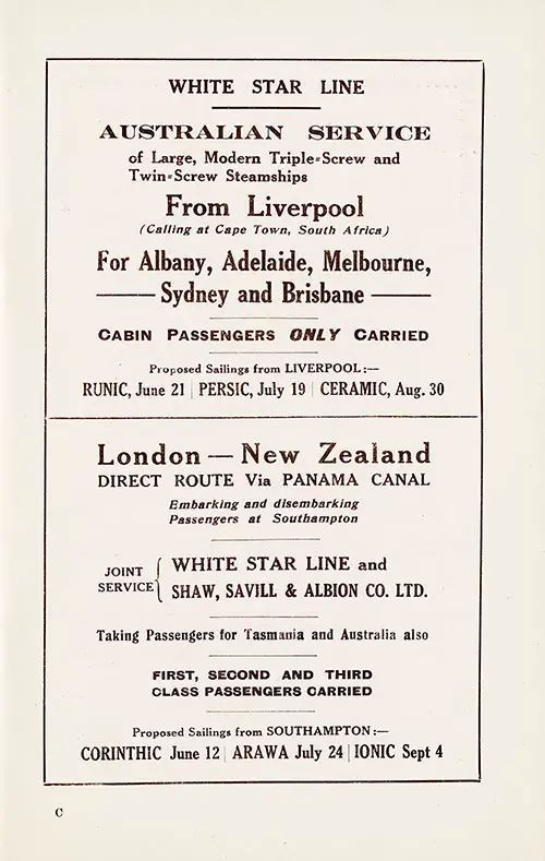 Australian Service of the White Star Line and Joint New Zealand Service by White Star Line and Shaw, Savill & Albion Co. Ltd.